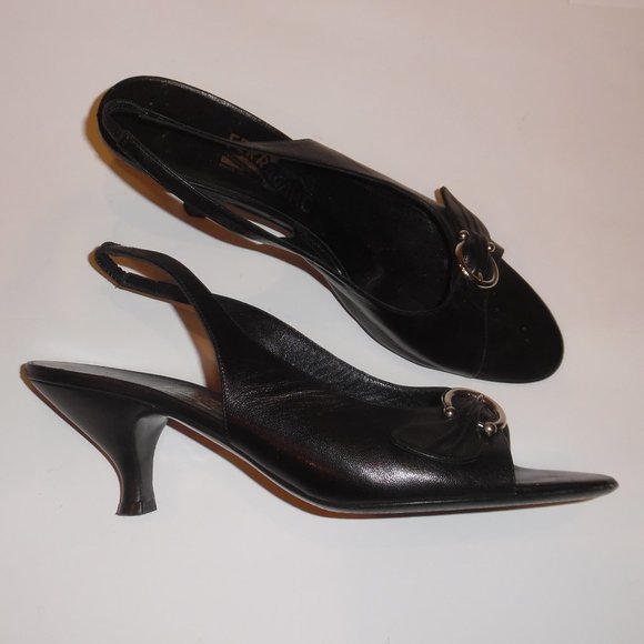 Salvatore Ferragamo Shoes - Salvatore Ferragamo Black Leather Kitten Heels Buckle Gancini  Sandals Shoes